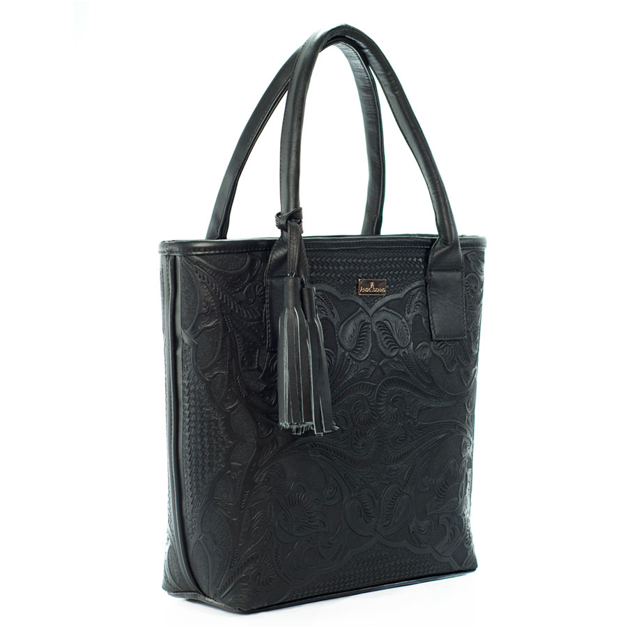 Bolso Tote A Ángelozano Modelo Soraya Piel Grabada Color Negro