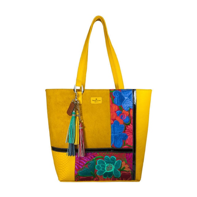 Bolso Tote A Ángelozano Victoria de Piel Charol Gamuza y Telar Artesanal color Amarillo $2,477