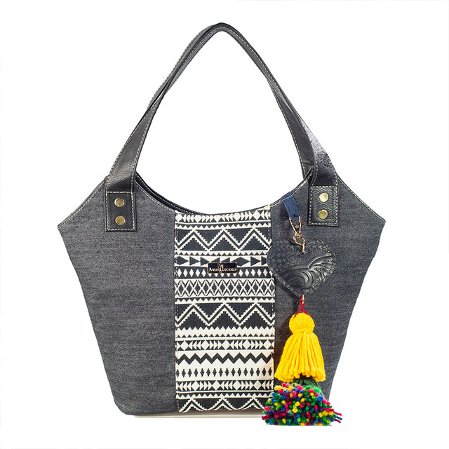 Bolso Tote A Ángelozano Modelo Diana De Mezclilla Y Telar Étnico Color Negro