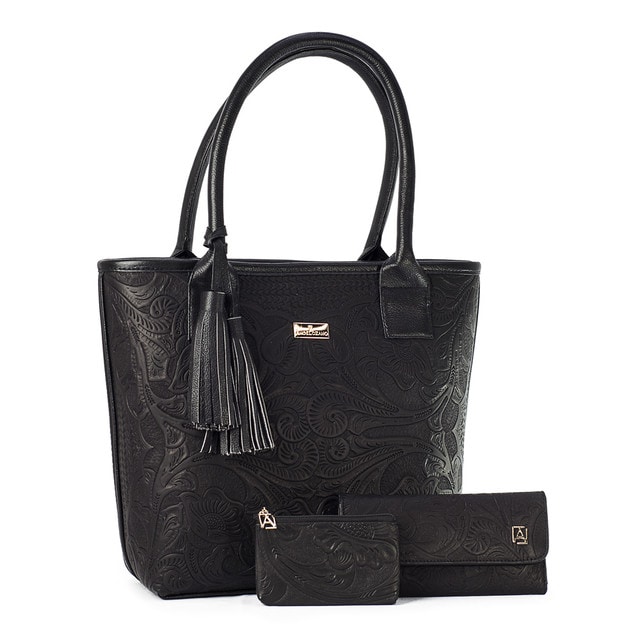 Kit de Bolso A ÁNGELOZANO Soraya color Negro de Piel Vacuna con Cartera y Monedero de Piel Grabada $3,108