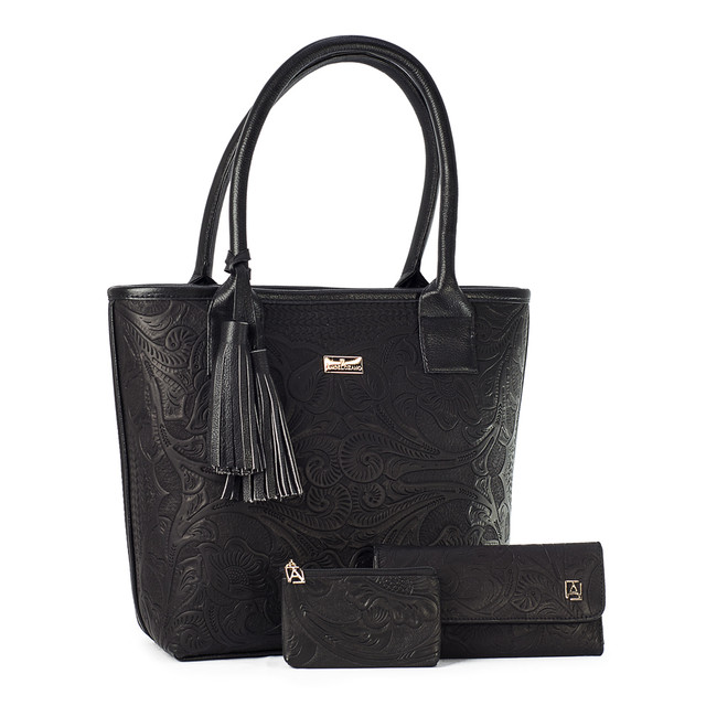 Foto 1 | Kit de Bolso A ÁNGELOZANO Soraya color Negro de Piel Vacuna con Cartera y Monedero de Piel Grabada