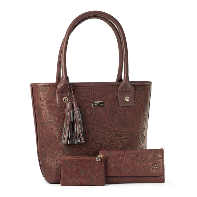 Foto 1 | Kit de Bolso A ÁNGELOZANO Soraya color Marrón de Piel Vacuna con Cartera y Monedero de Piel Grabada