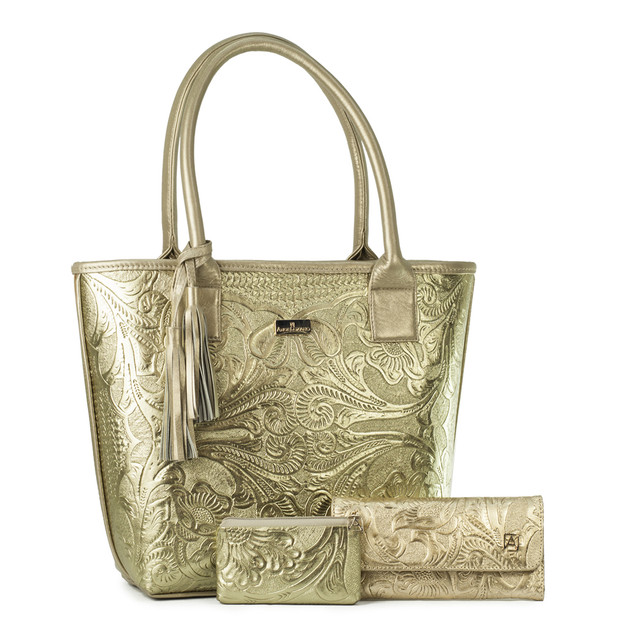 Kit de Bolso A ÁNGELOZANO Soraya color Dorado de Piel Vacuna con Cartera y Monedero de Piel Grabada