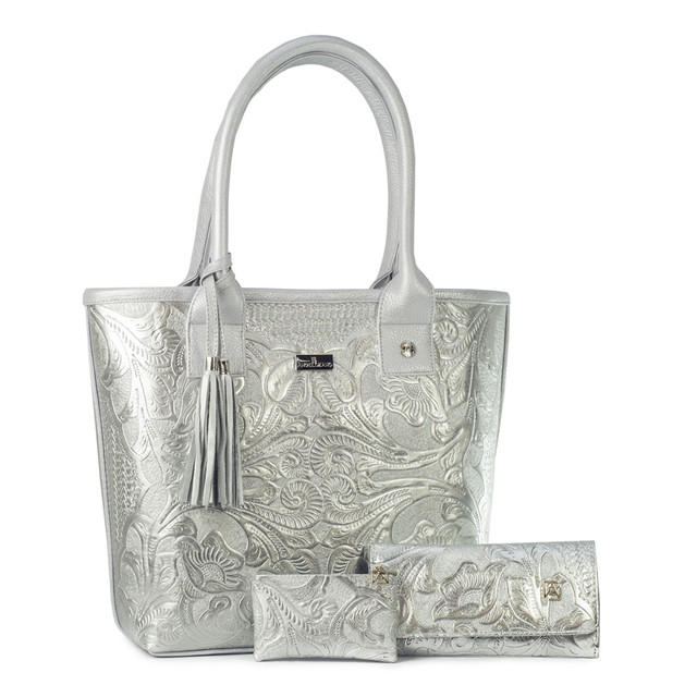 Foto 1 | Kit de Bolso A ÁNGELOZANO Soraya color Plata de Piel Vacuna con Cartera y Monedero de Piel Grabada