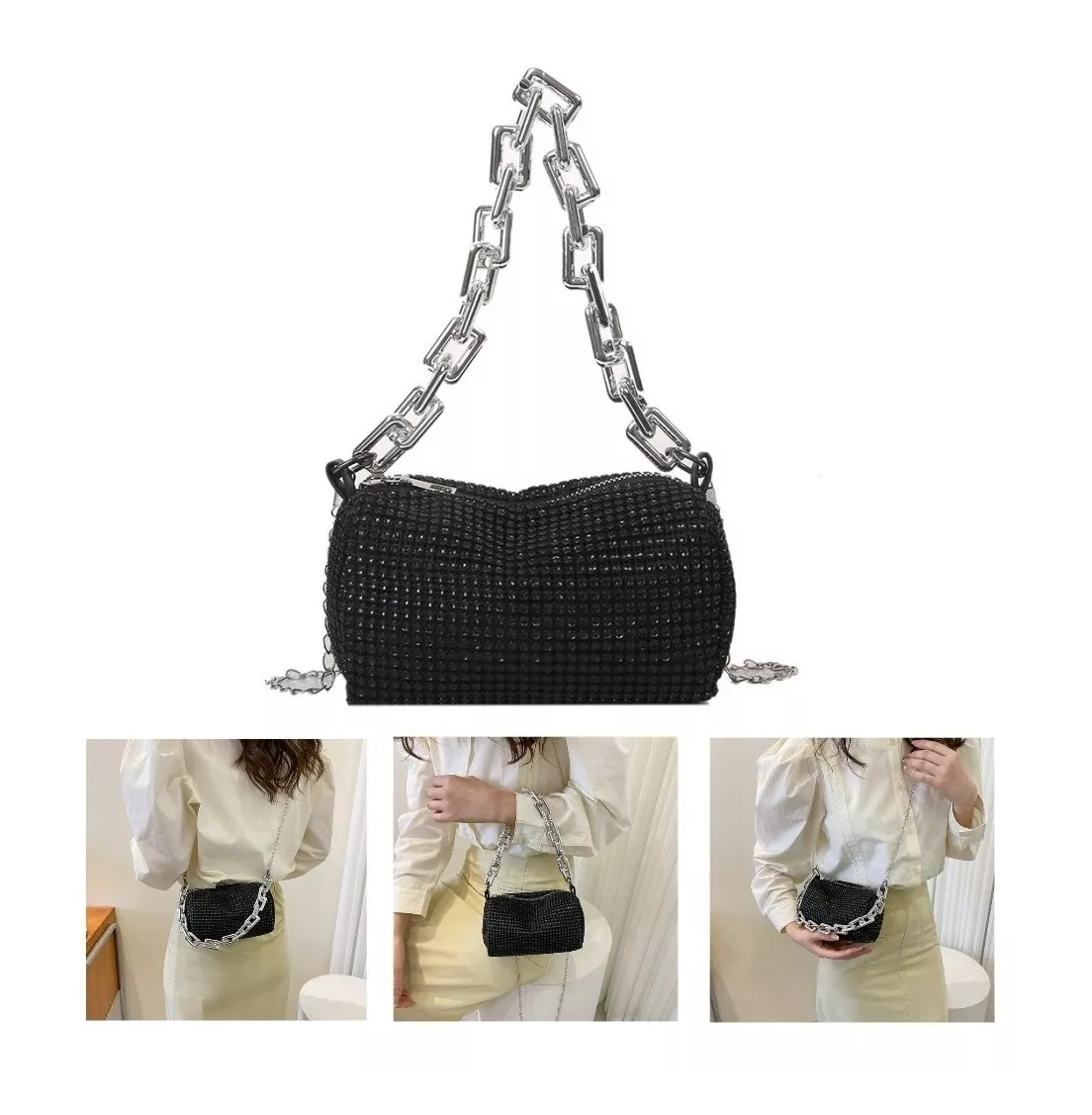 Foto 2 | Bolsa de Mano con Cristales Negro