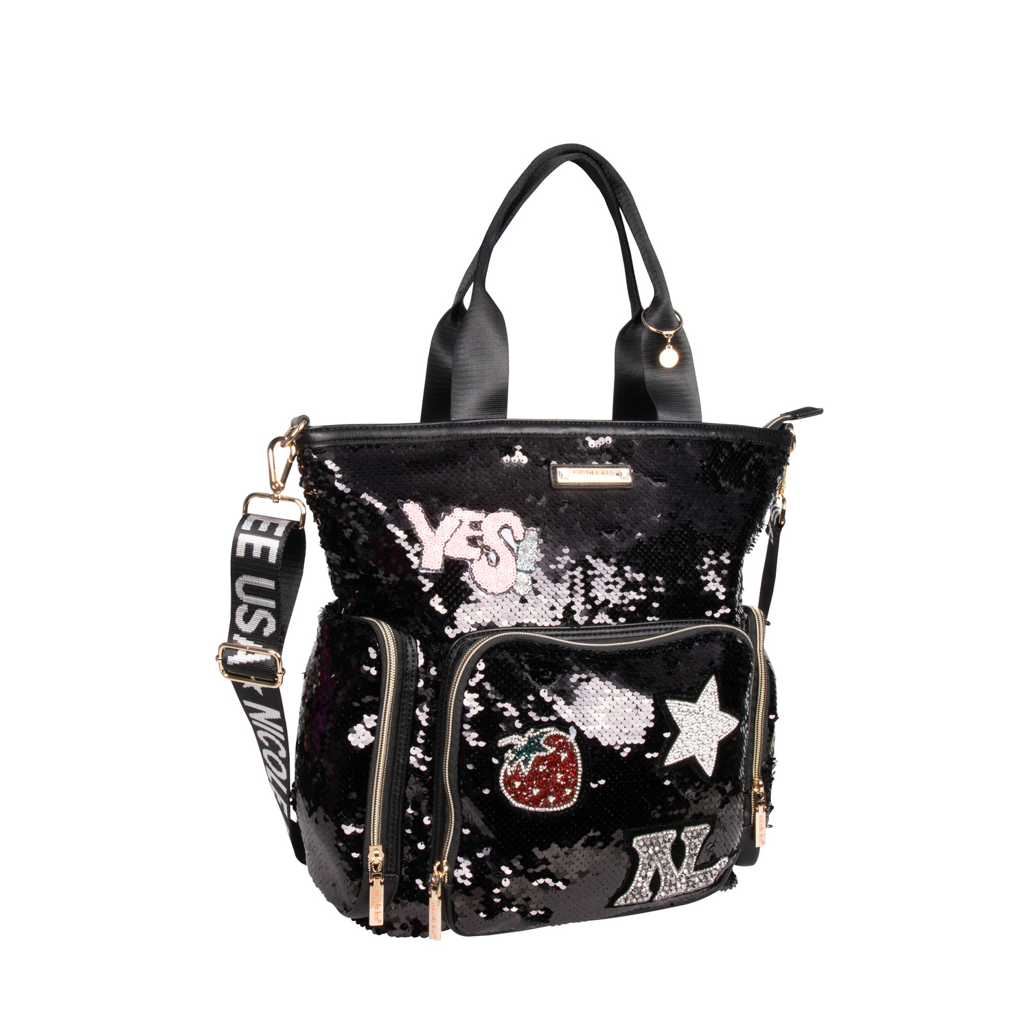 Bolsa Shopper Nicole Lee Negra de Lentejuelas con Parches