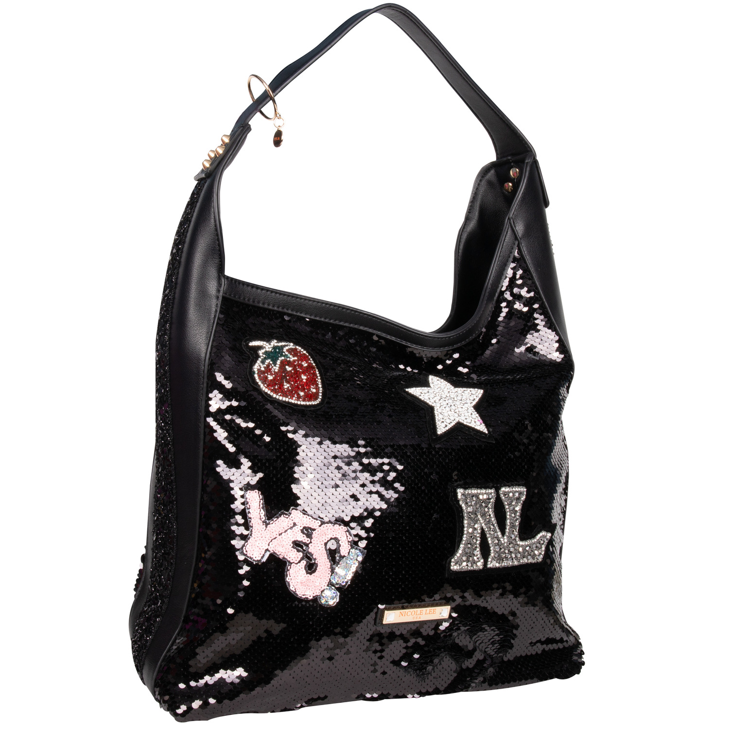 Foto 2 pulgar | Bolsa Hobo Nicole Lee Negra de Lentejuelas con Parches