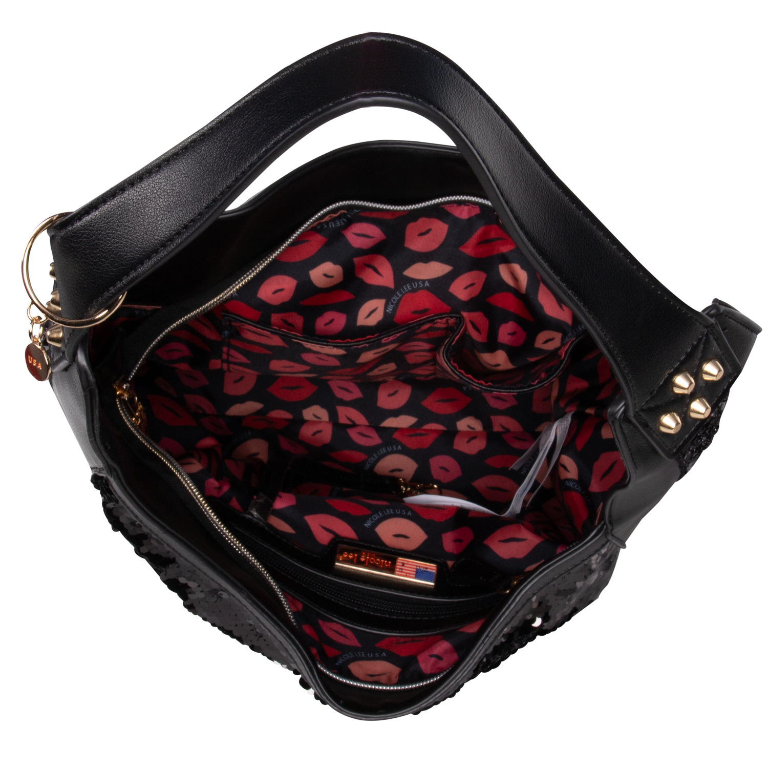 Foto 4 pulgar | Bolsa Hobo Nicole Lee Negra de Lentejuelas con Parches