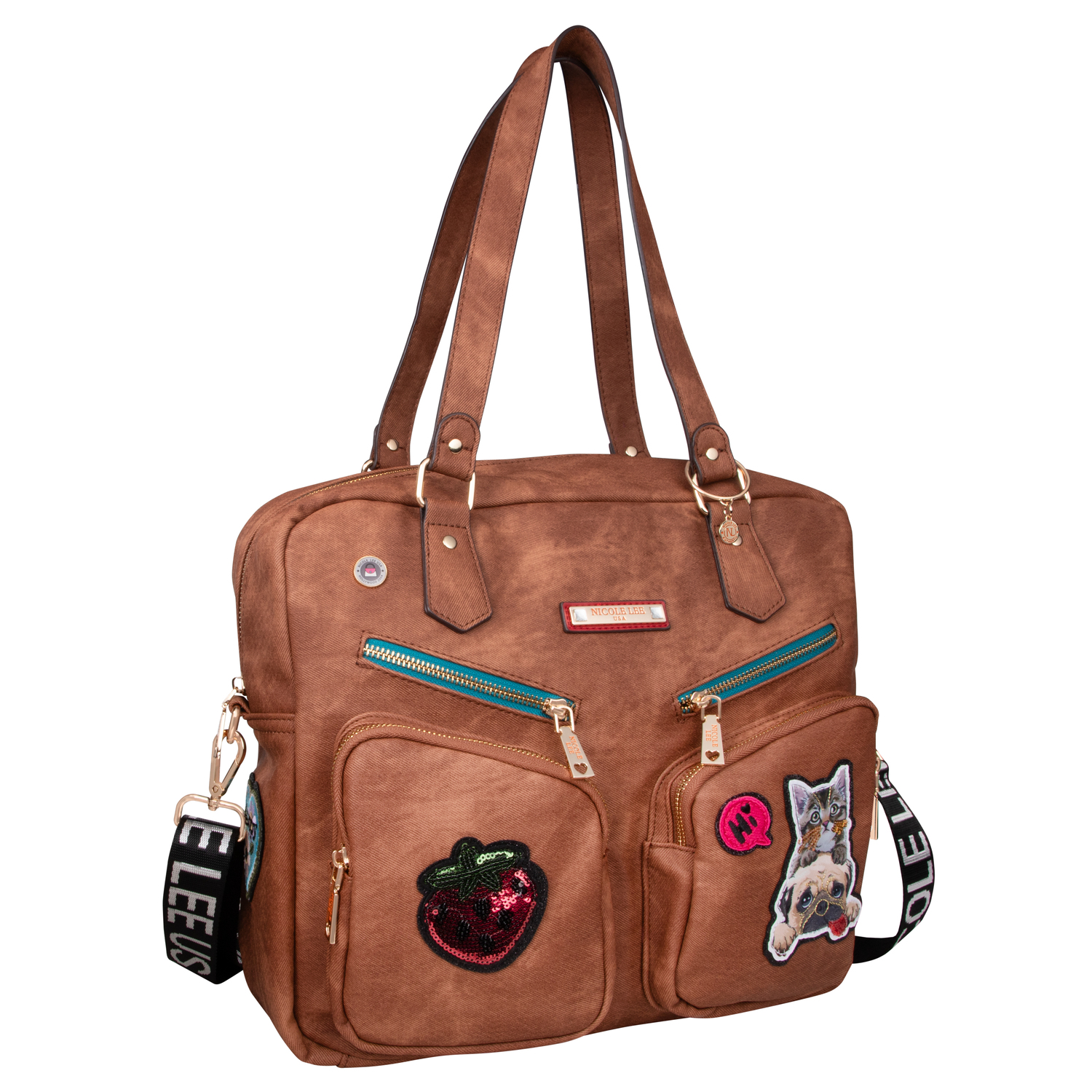 Foto 1 | Bolsa Cuadrada Nicole Lee de Mezclilla y Parches Bordados con Asa Doble y Correa Ajustable