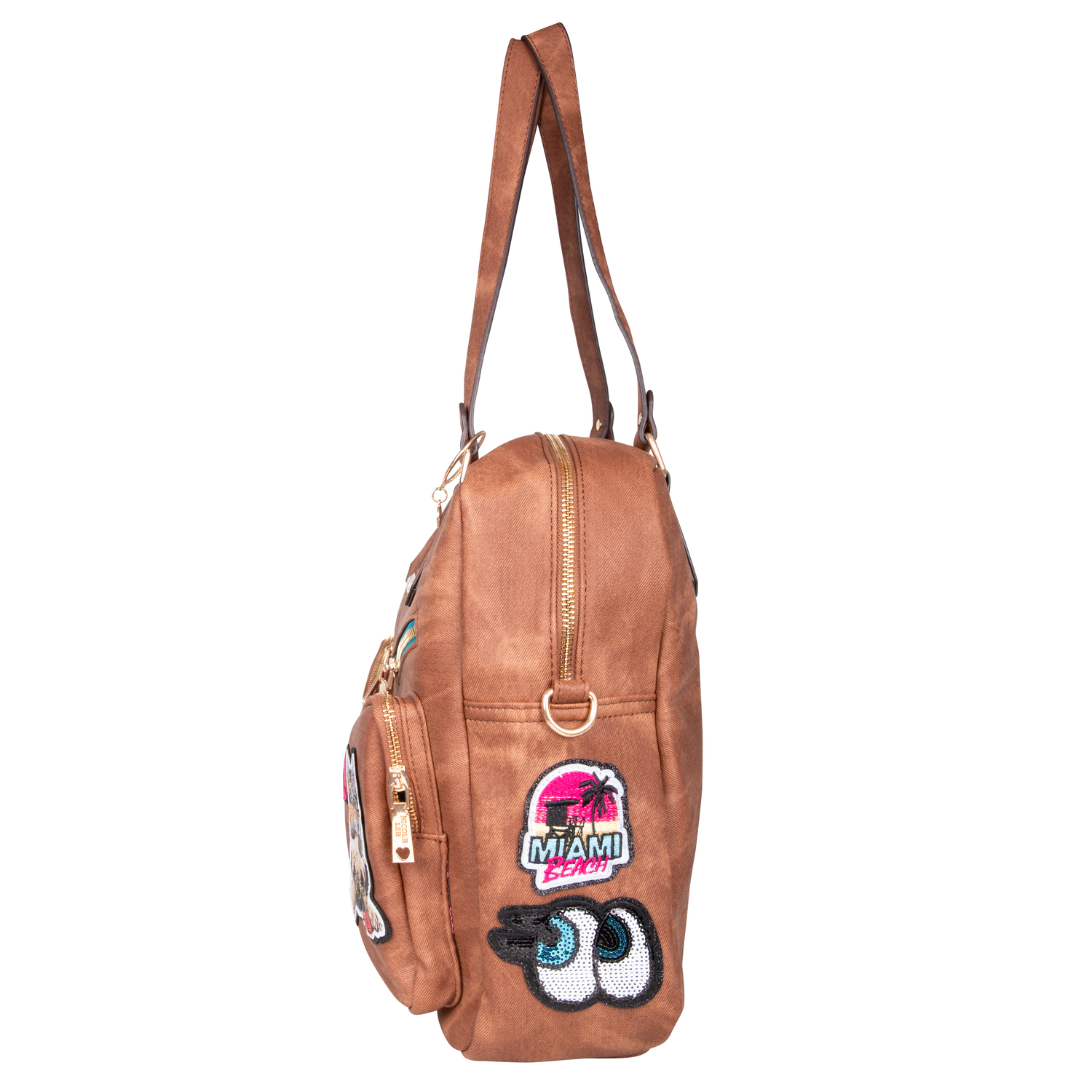 Foto 3 pulgar | Bolsa Cuadrada Nicole Lee de Mezclilla y Parches Bordados con Asa Doble y Correa Ajustable