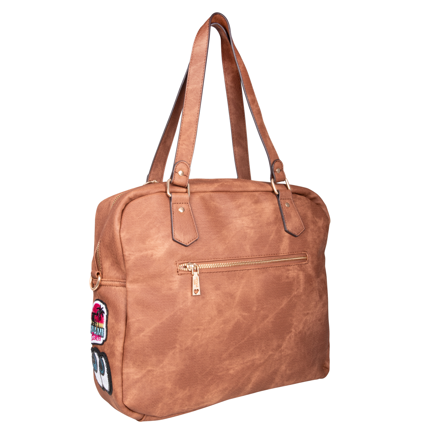 Foto 5 pulgar | Bolsa Cuadrada Nicole Lee de Mezclilla y Parches Bordados con Asa Doble y Correa Ajustable
