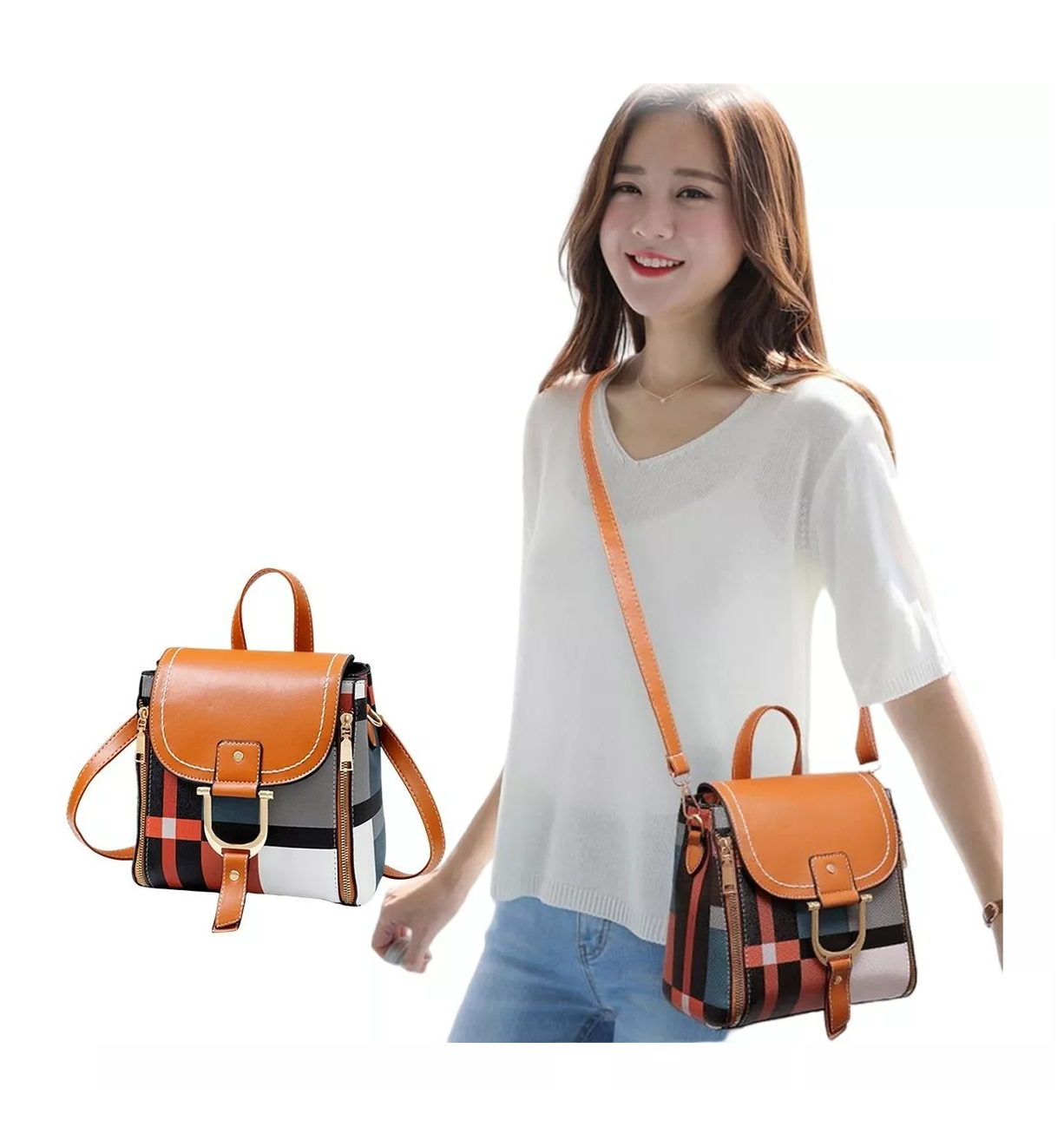 Foto 3 pulgar | Mochila Patchwork De Diseño Cuadros Para Mujer Naranja