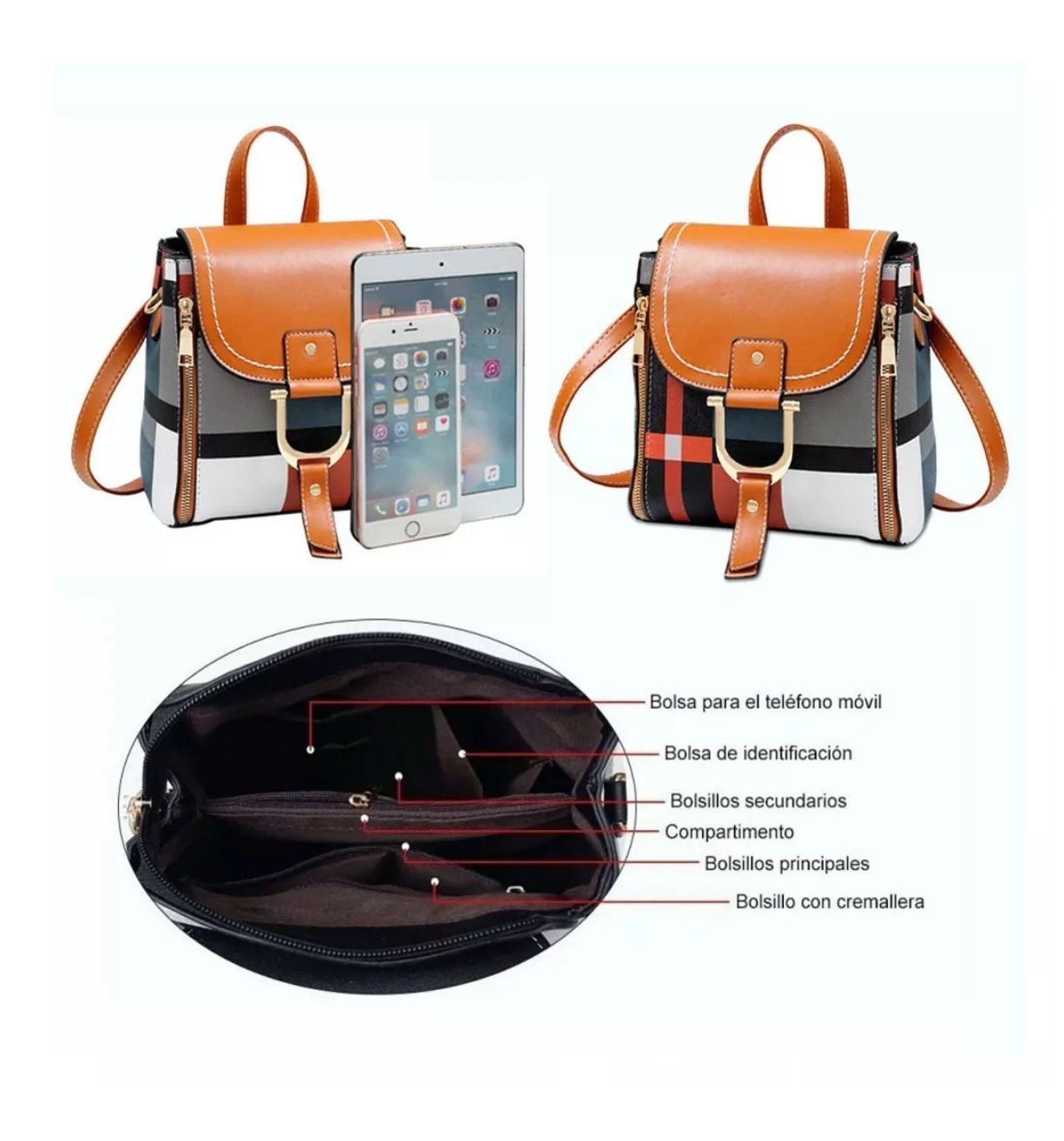 Foto 4 pulgar | Mochila Patchwork De Diseño Cuadros Para Mujer Naranja