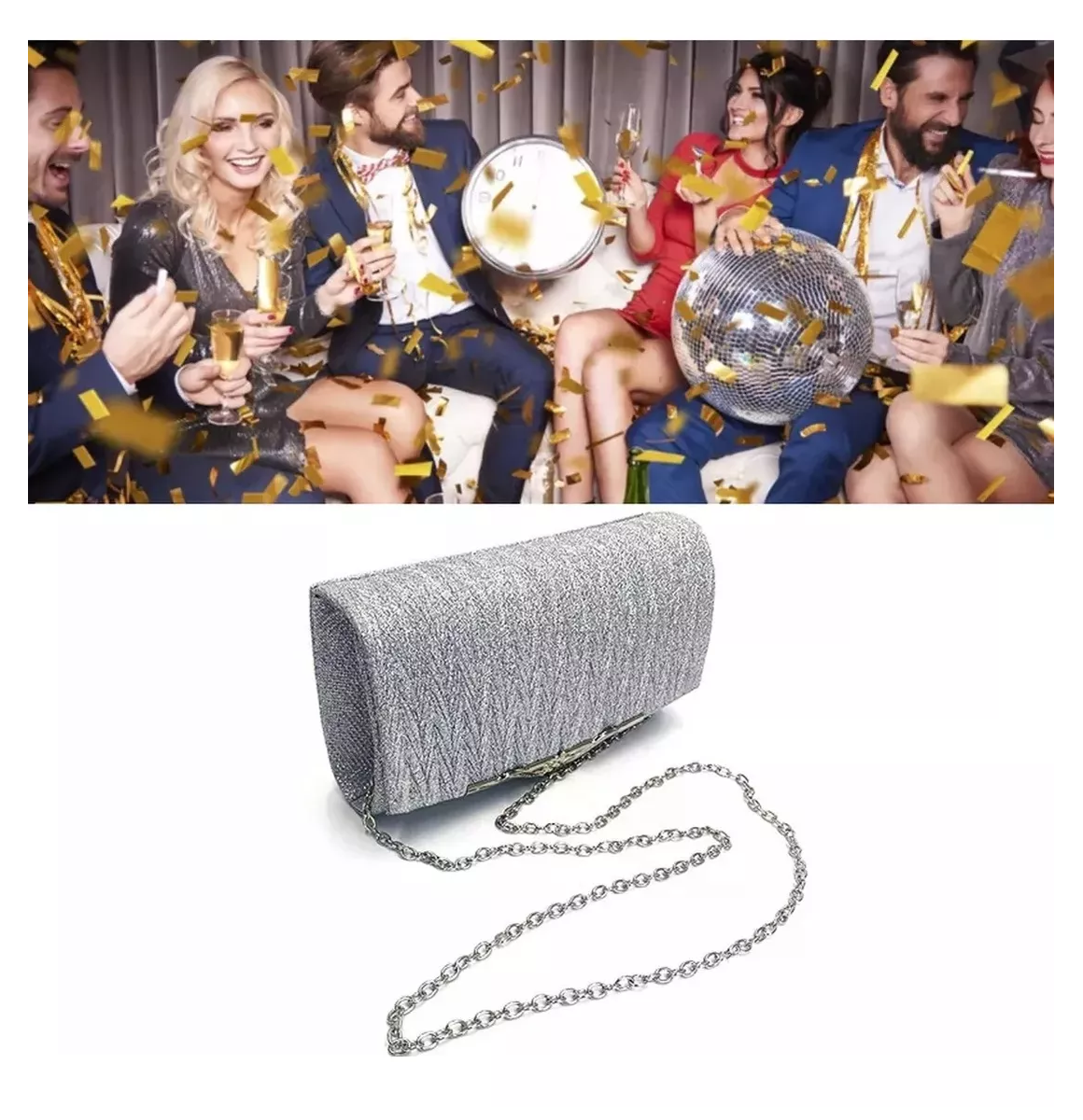 Foto 3 pulgar | Bolso De Mano Brillante De Fiesta Para Mujer Plateado