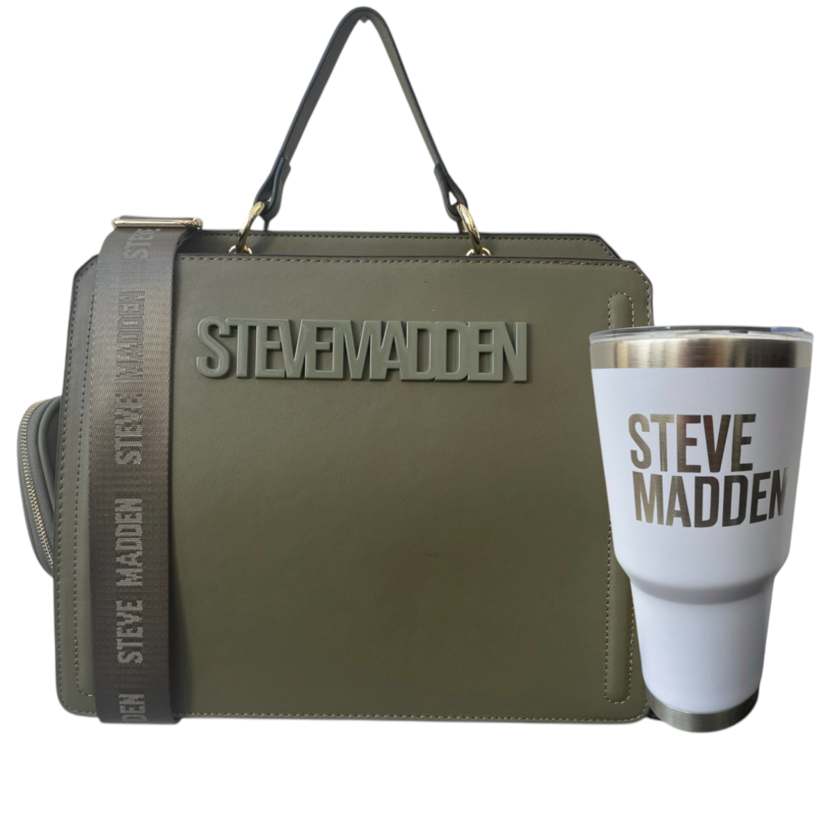 Bolsa Steve Madden Bevelyn Olive Xl + Termo Steve Madden White