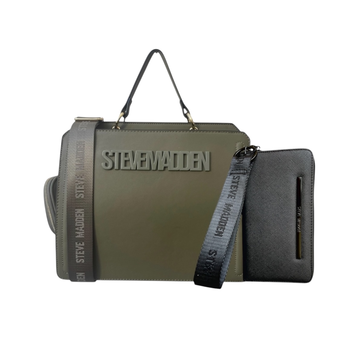 Foto 2 pulgar | Combo Steve Madden Bolsa Bevelyn Olive Xl Y Cartera Zipee Dark