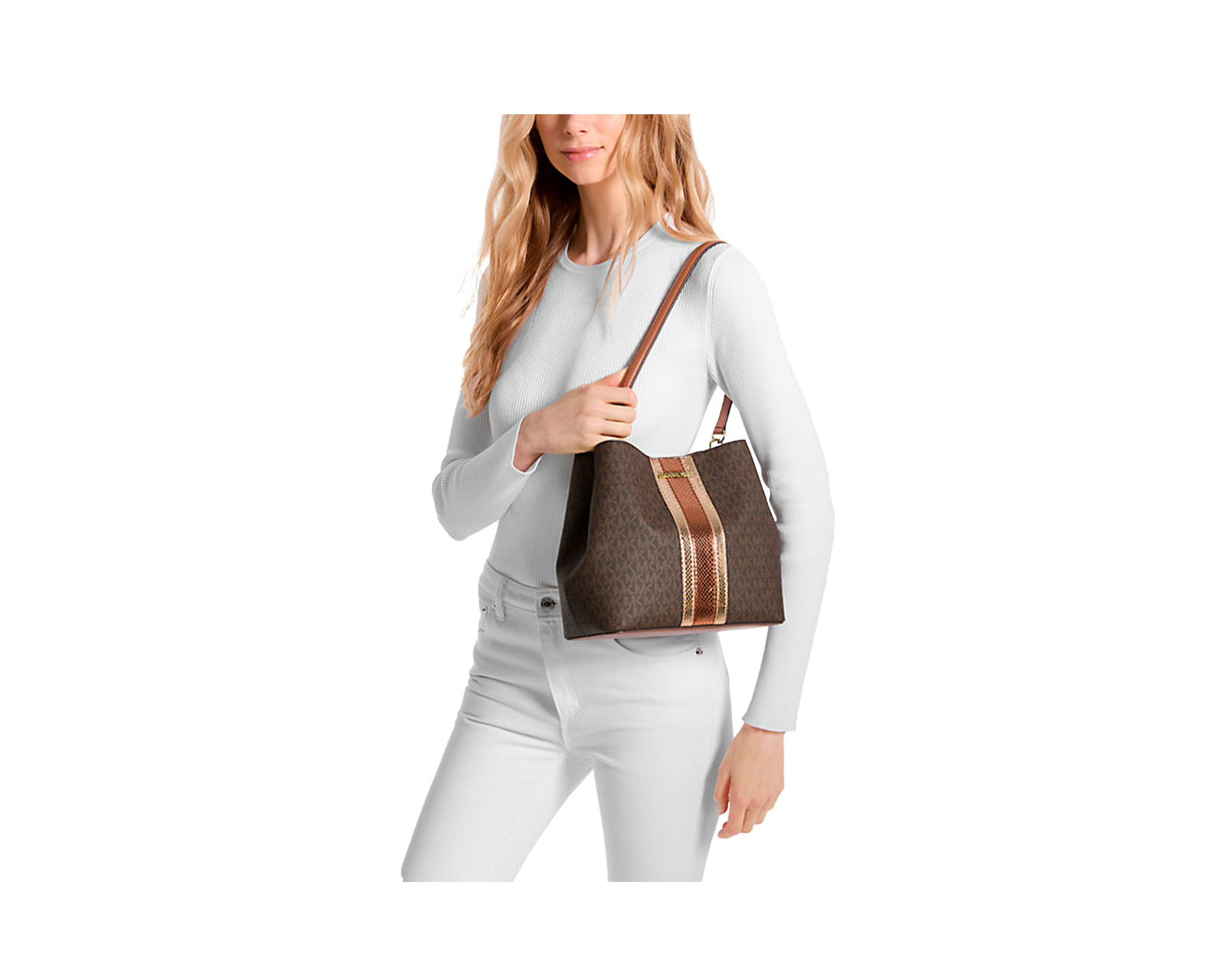 Foto 4 pulgar | Bolsa Michael Kors Pratt Medium Signature Logo And Metallic Shoulder Bag 35f4g3fs2b Café