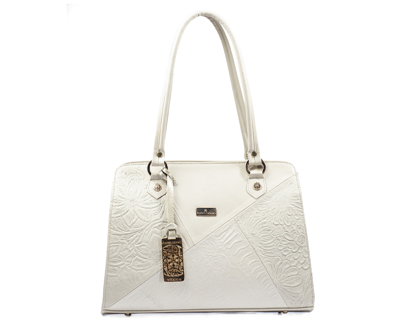 Foto 1 | Bolso Tipo Tote A Ángelozano De Piel Vacuna Con Grabado Tipo Cincelado, Color Hueso, Modelo Salma