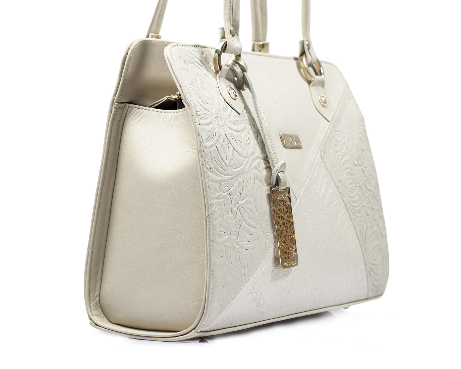 Foto 5 | Bolso Tipo Tote A Ángelozano De Piel Vacuna Con Grabado Tipo Cincelado, Color Hueso, Modelo Salma