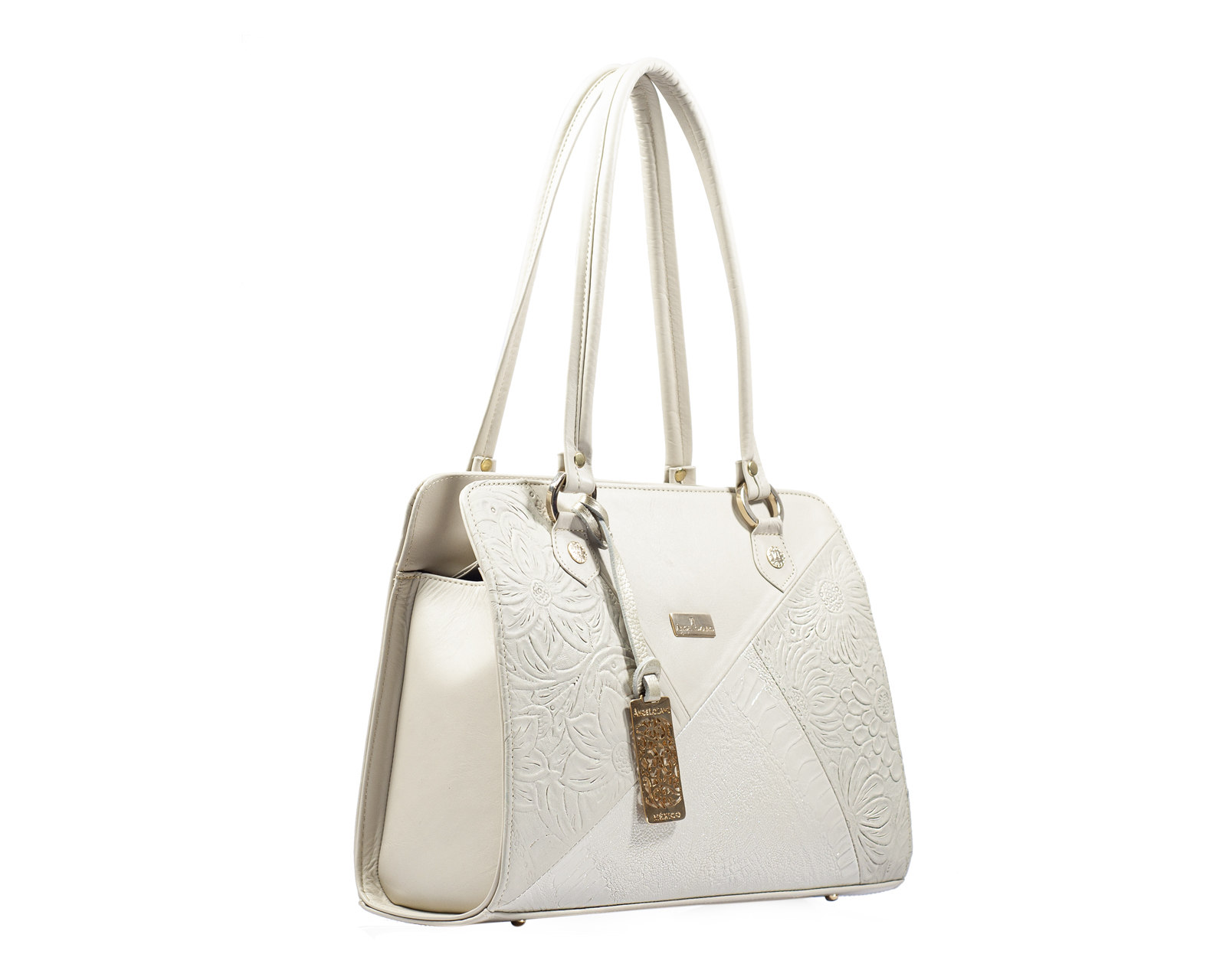 Foto 8 pulgar | Bolso Tipo Tote A Ángelozano De Piel Vacuna Con Grabado Tipo Cincelado, Color Hueso, Modelo Salma