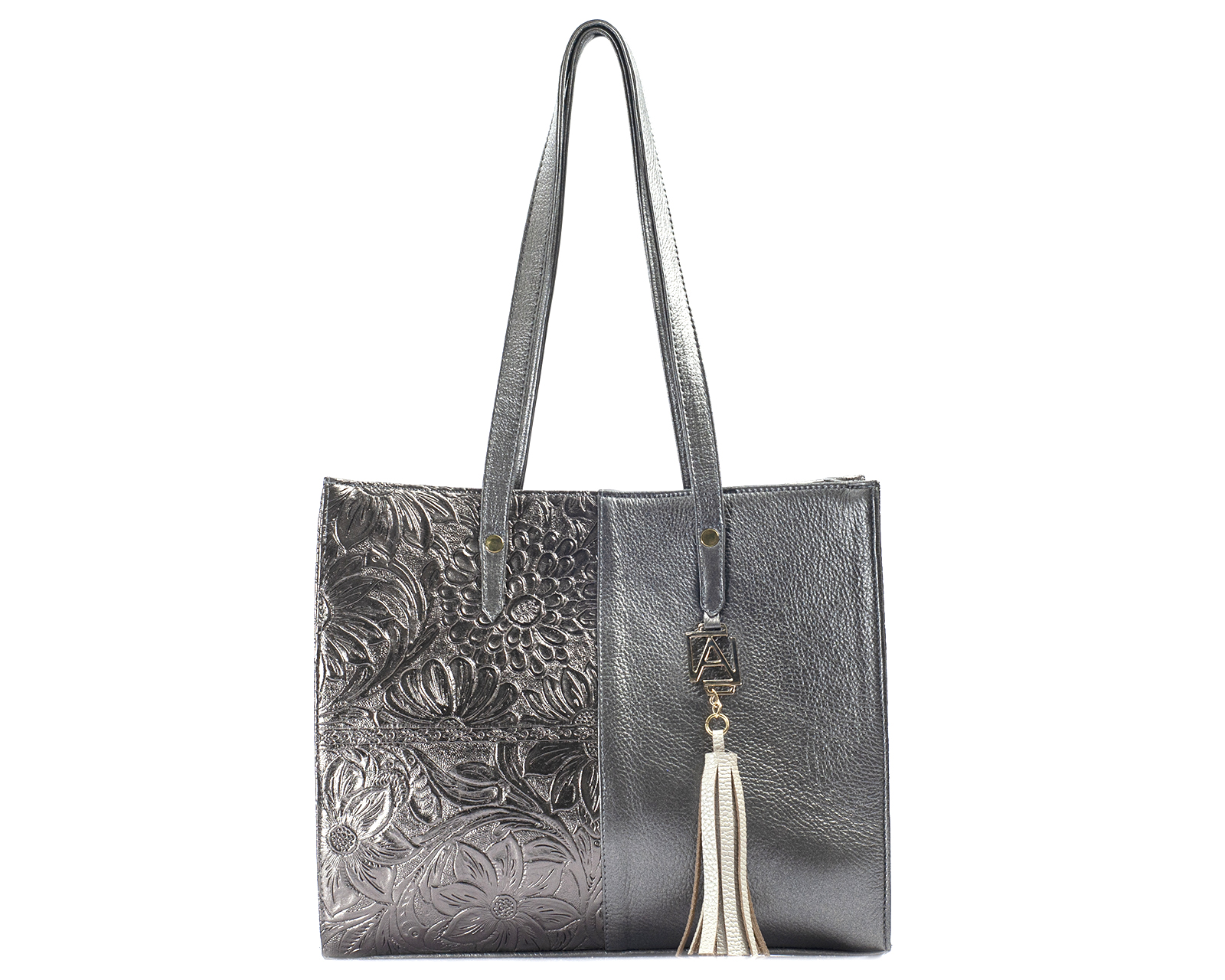 Foto 1 | Bolso Tipo Tote A Ángelozano De Piel Vacuna Con Grabado Tipo Cincelado, Color Antimonio, Modelo Leonora