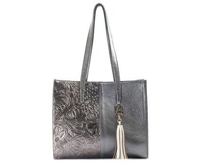 Foto 1 | Bolso Tipo Tote A Ángelozano De Piel Vacuna Con Grabado Tipo Cincelado, Color Antimonio, Modelo Leonora