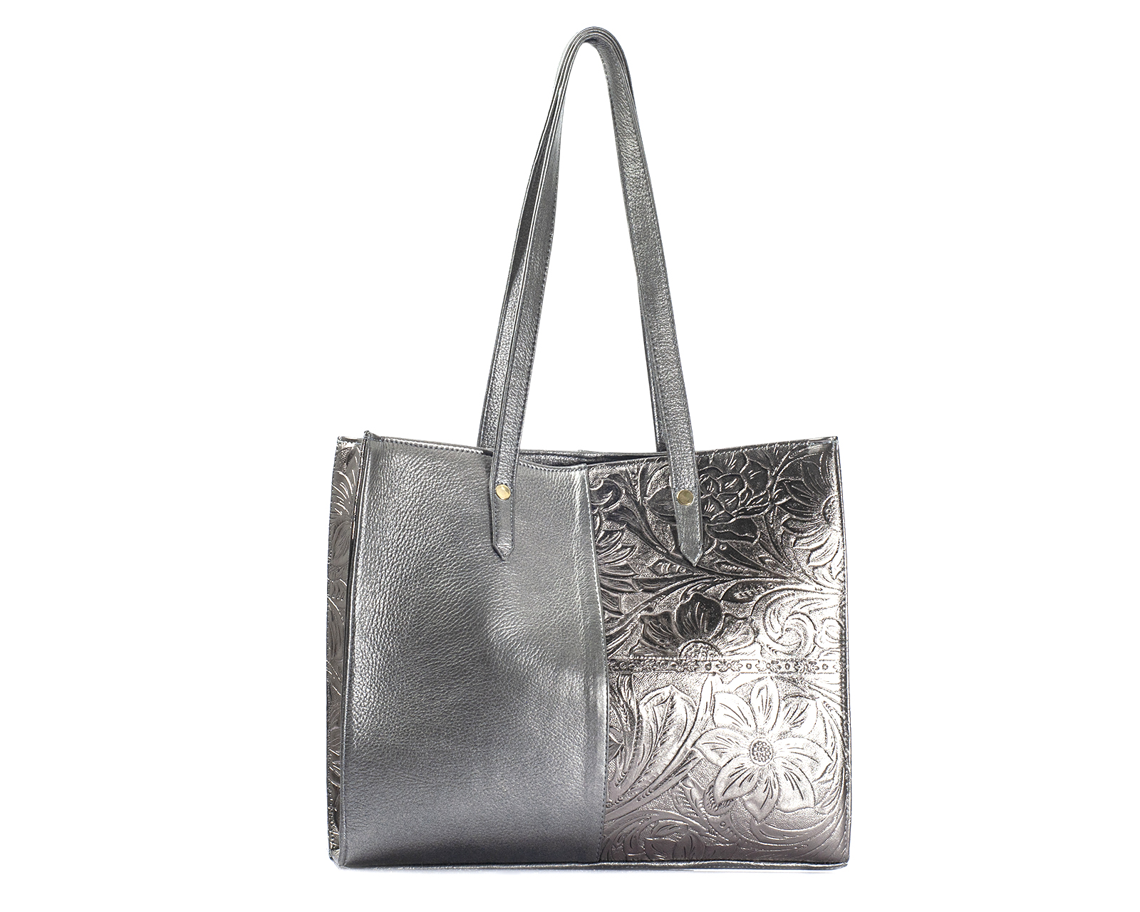 Foto 3 pulgar | Bolso Tipo Tote A Ángelozano De Piel Vacuna Con Grabado Tipo Cincelado, Color Antimonio, Modelo Leonora