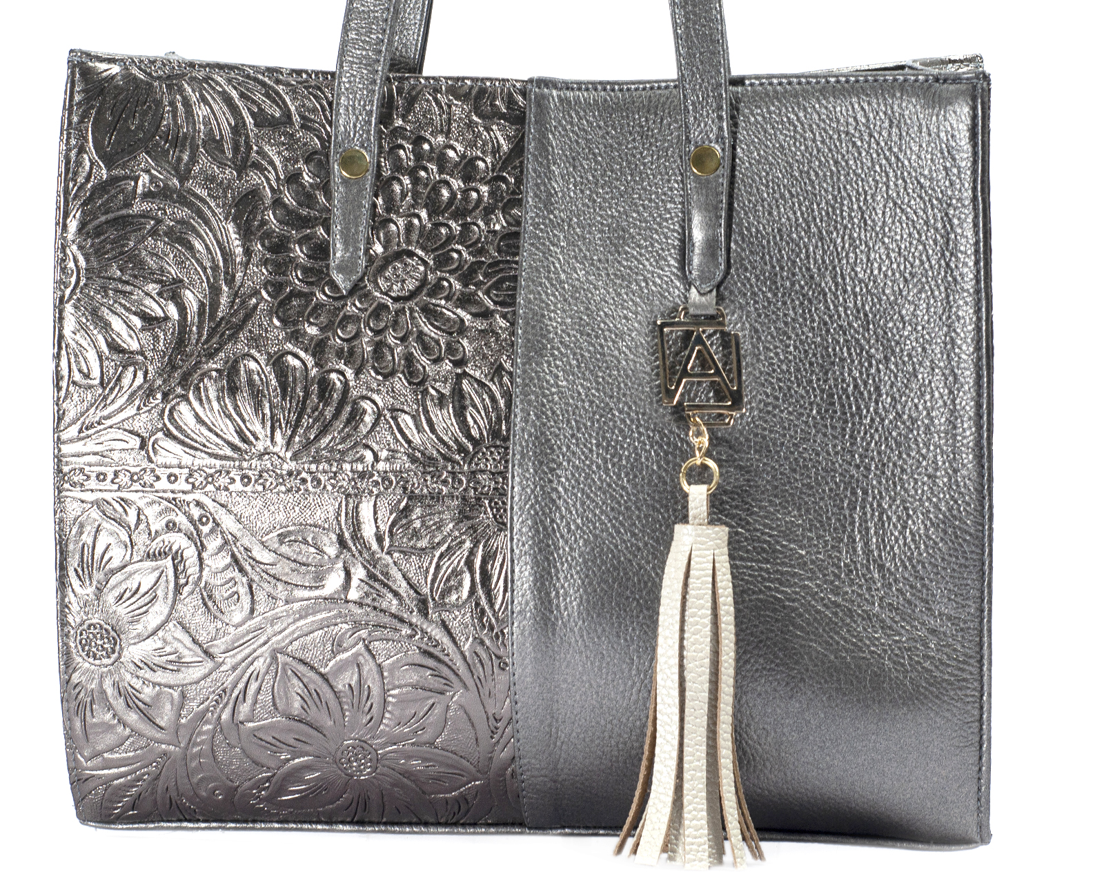 Foto 5 pulgar | Bolso Tipo Tote A Ángelozano De Piel Vacuna Con Grabado Tipo Cincelado, Color Antimonio, Modelo Leonora