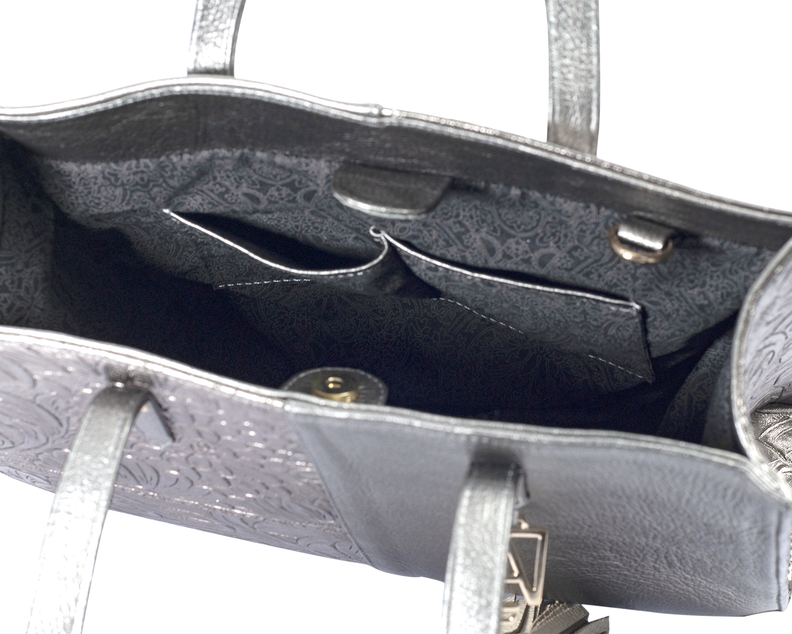 Foto 7 | Bolso Tipo Tote A Ángelozano De Piel Vacuna Con Grabado Tipo Cincelado, Color Antimonio, Modelo Leonora