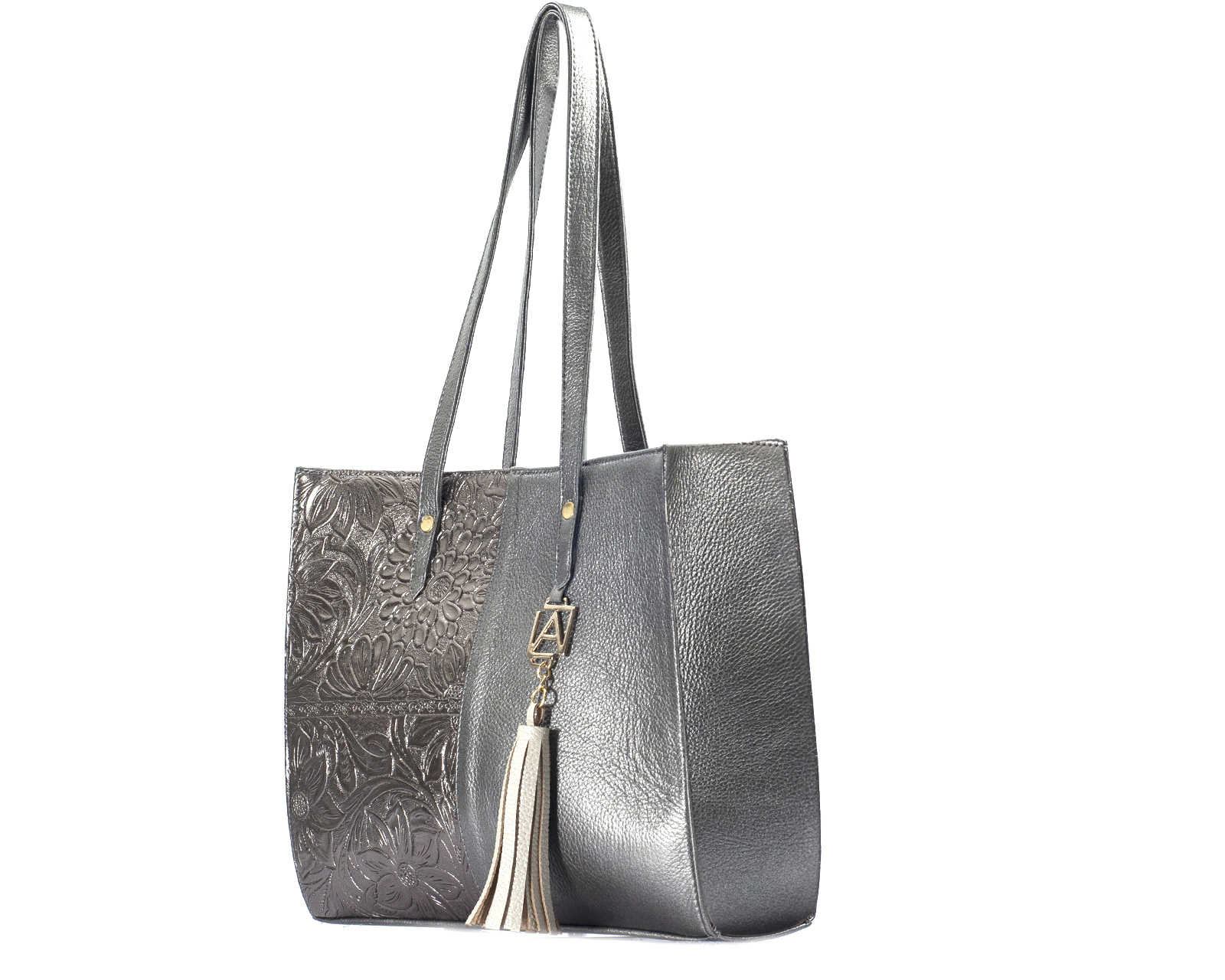 Foto 9 pulgar | Bolso Tipo Tote A Ángelozano De Piel Vacuna Con Grabado Tipo Cincelado, Color Antimonio, Modelo Leonora