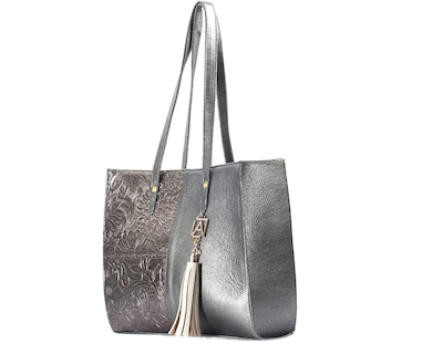 Foto 8 | Bolso Tipo Tote A Ángelozano De Piel Vacuna Con Grabado Tipo Cincelado, Color Antimonio, Modelo Leonora
