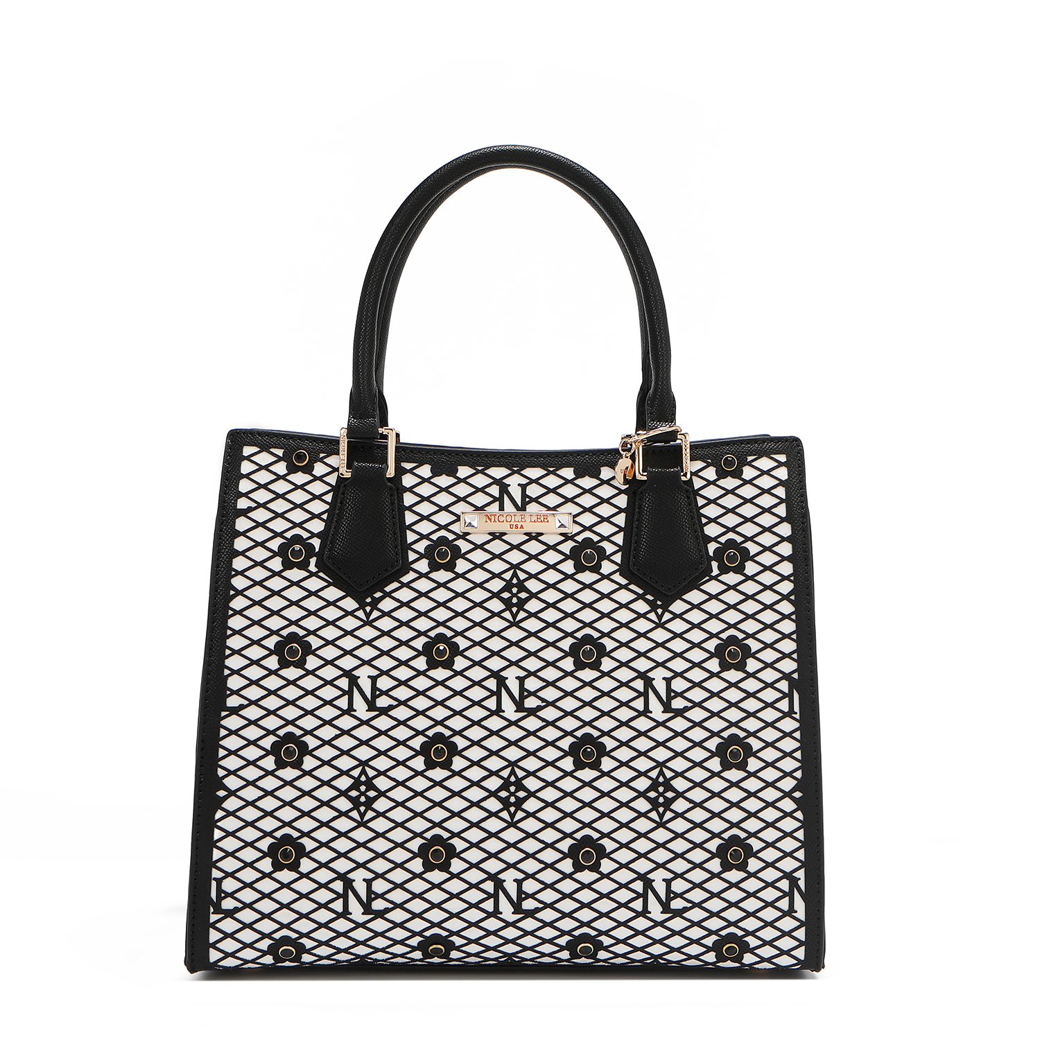 Bolsa Cuadrada Nicole Lee Negro de Corte Láser y Pedrería