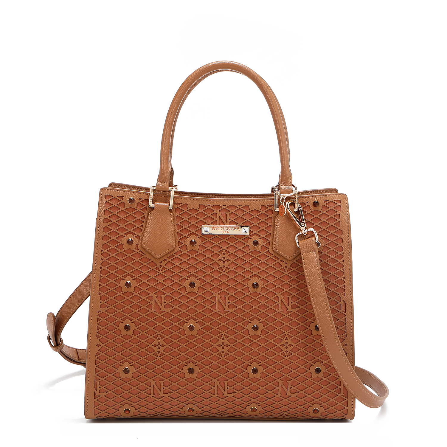 Foto 3 | Bolsa Cuadrada Nicole Lee Marrón de Corte Láser y Pedrería