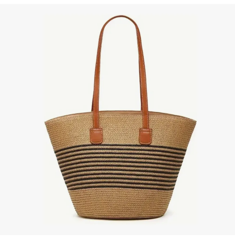 Foto 2 pulgar | Bolsa Xtellar De Viaje P/ Mujer Tote Bag Bolso Paja P/ Playa/diario Modelo Rayas Negras Finas