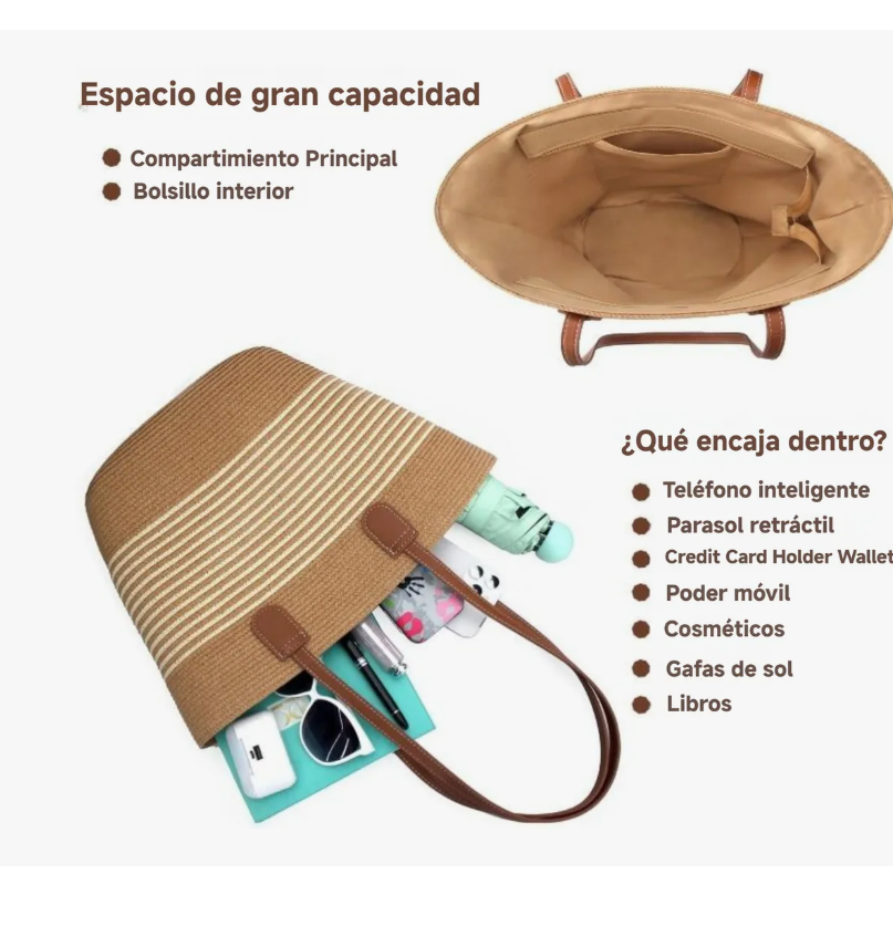 Foto 5 pulgar | Bolsa Xtellar De Viaje P/ Mujer Tote Bag Bolso Paja P/ Playa/diario Modelo Rayas Negras Finas