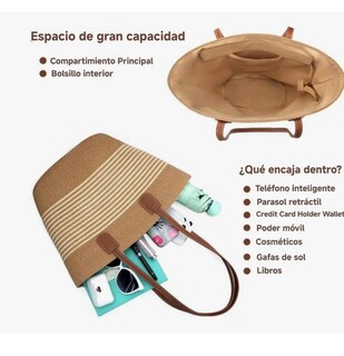Foto 4 | Bolsa Xtellar De Viaje P/ Mujer Tote Bag Bolso Paja P/ Playa/diario Modelo Rayas Negras Finas