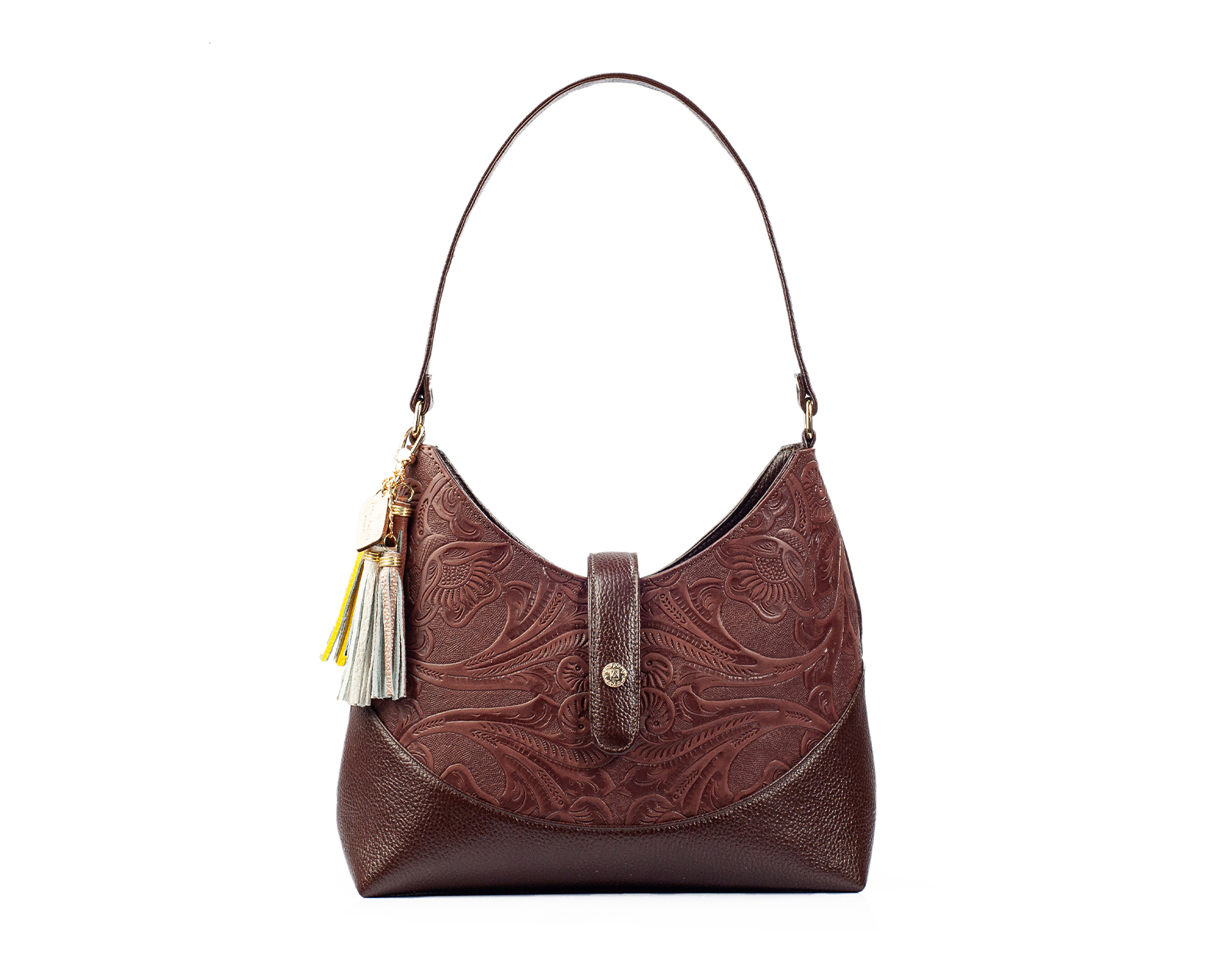 Foto 2 pulgar | Bolso Hobo A Ángelozano De Piel Vacuna Con Grabado Tipo Cincelado, Color Café, Modelo Magali