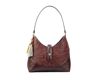 Foto 1 | Bolso Hobo A Ángelozano De Piel Vacuna Con Grabado Tipo Cincelado, Color Café, Modelo Magali