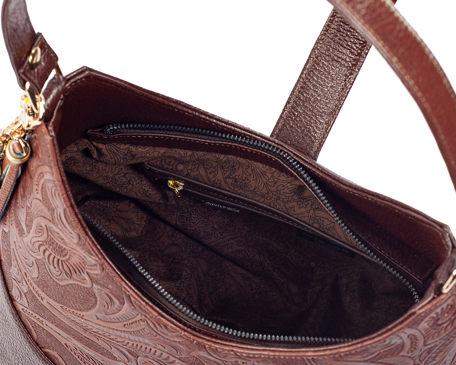 Foto 5 | Bolso Hobo A Ángelozano De Piel Vacuna Con Grabado Tipo Cincelado, Color Café, Modelo Magali