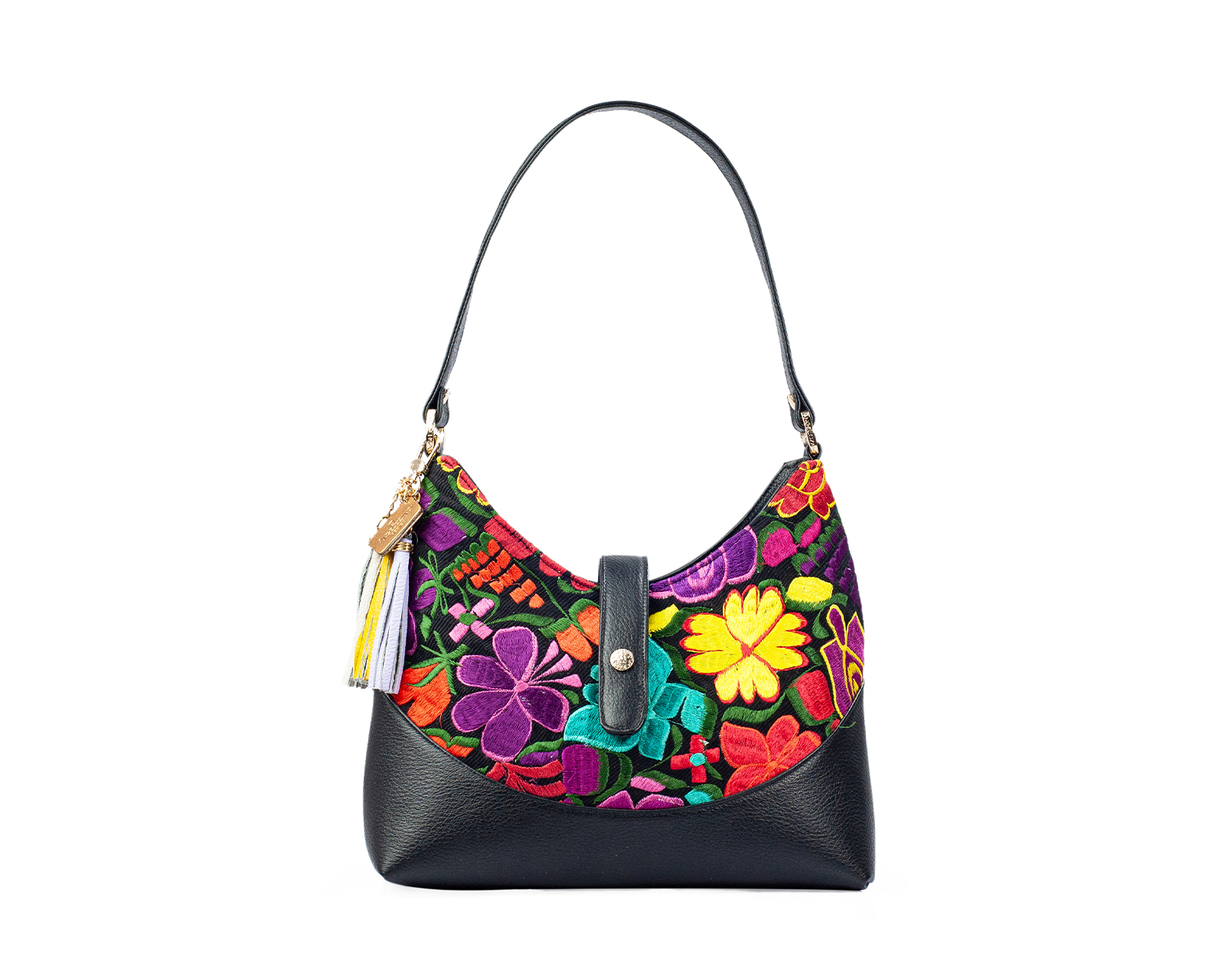 Foto 2 pulgar | Bolso Hobo A Ángelozano De Piel Vacuna Con Telar Flores, Color Negro, Modelo Magali