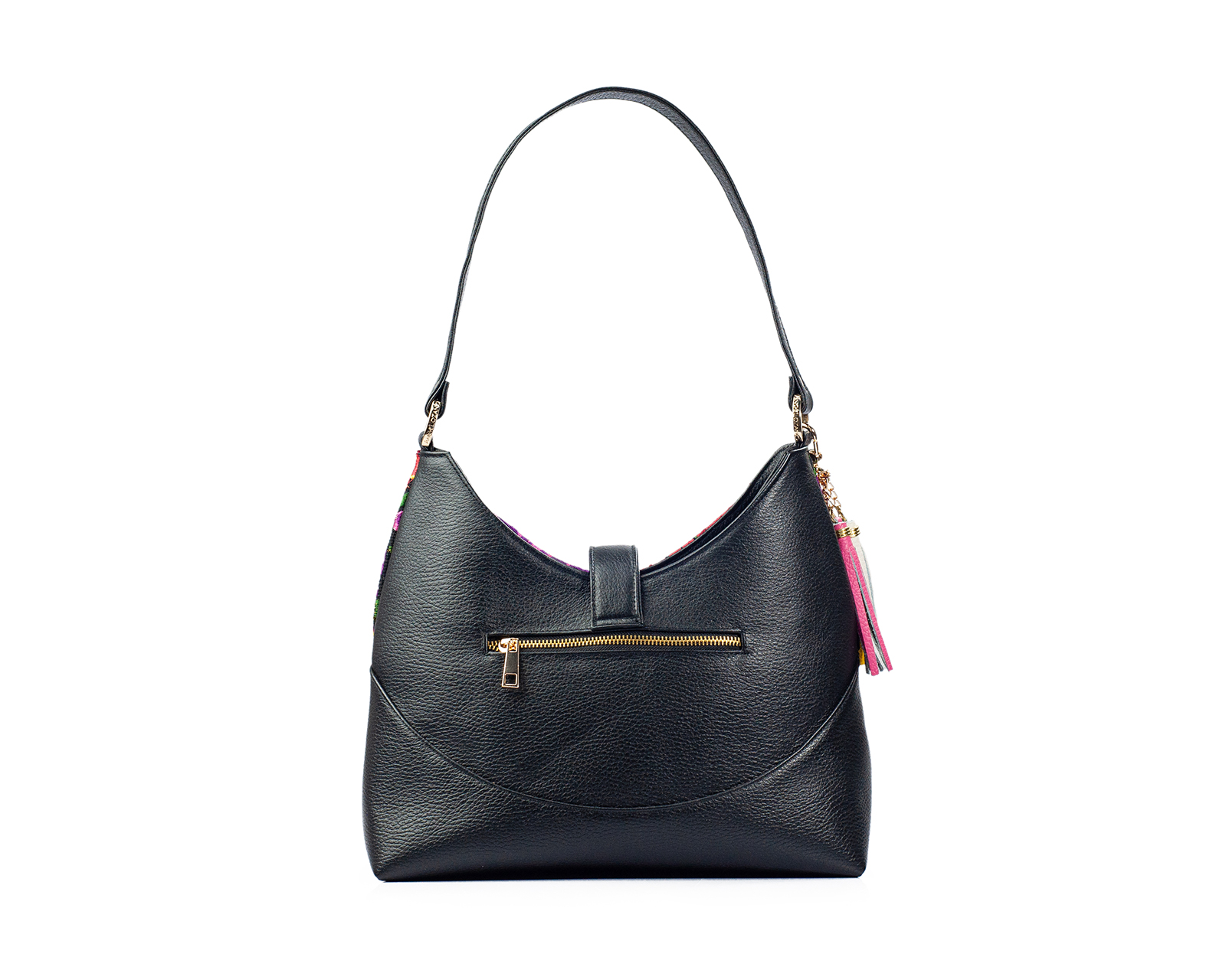 Foto 3 pulgar | Bolso Hobo A Ángelozano De Piel Vacuna Con Telar Flores, Color Negro, Modelo Magali