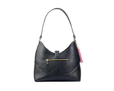 Foto 2 | Bolso Hobo A Ángelozano De Piel Vacuna Con Telar Flores, Color Negro, Modelo Magali