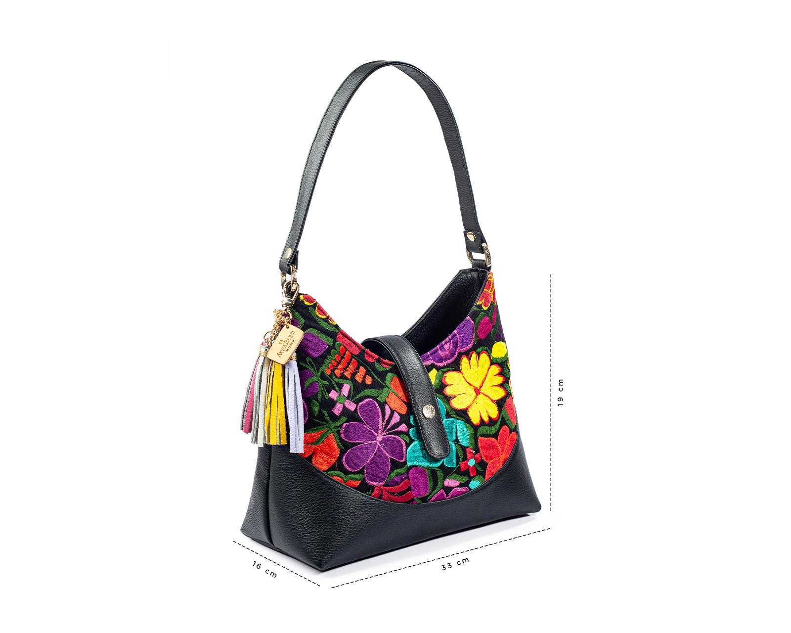 Foto 4 pulgar | Bolso Hobo A Ángelozano De Piel Vacuna Con Telar Flores, Color Negro, Modelo Magali