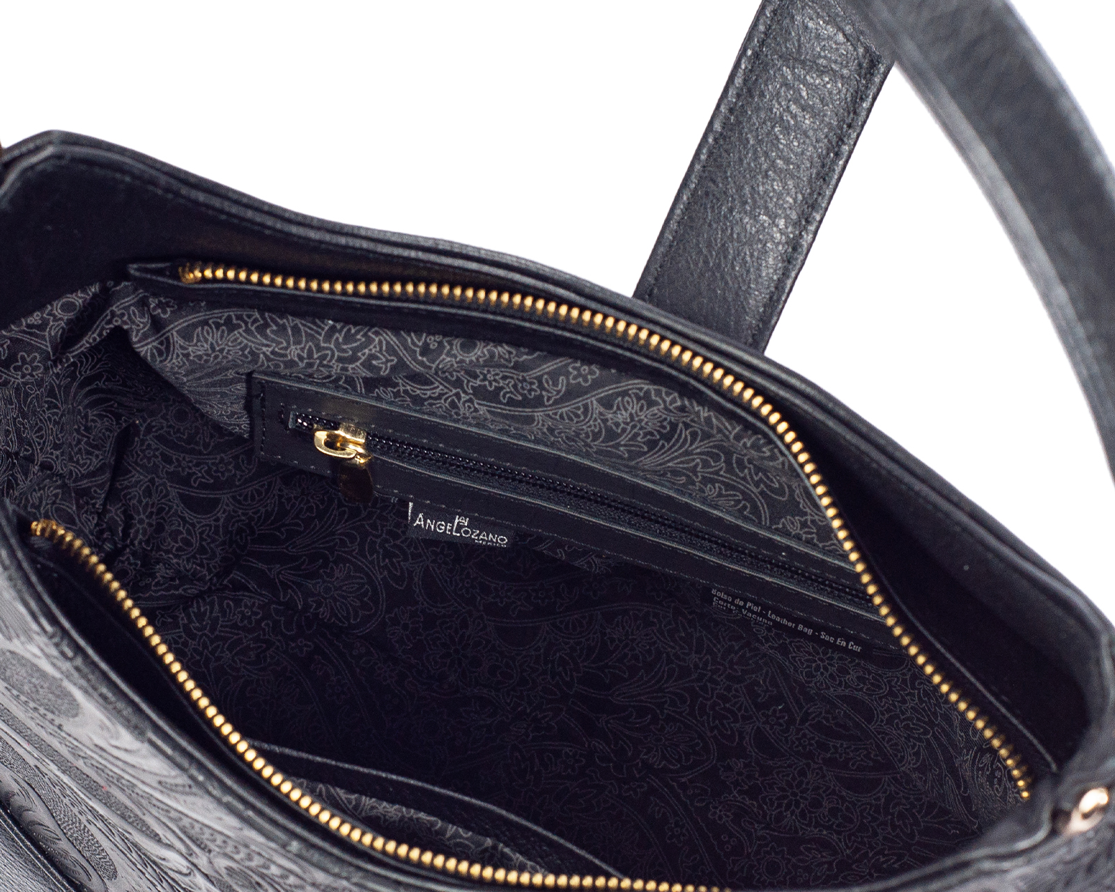 Foto 5 pulgar | Bolso Hobo A Ángelozano De Piel Vacuna Con Telar Flores, Color Negro, Modelo Magali