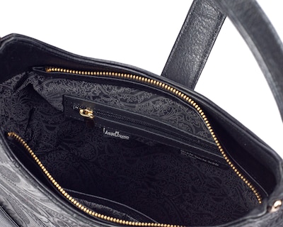 Foto 4 | Bolso Hobo A Ángelozano De Piel Vacuna Con Telar Flores, Color Negro, Modelo Magali