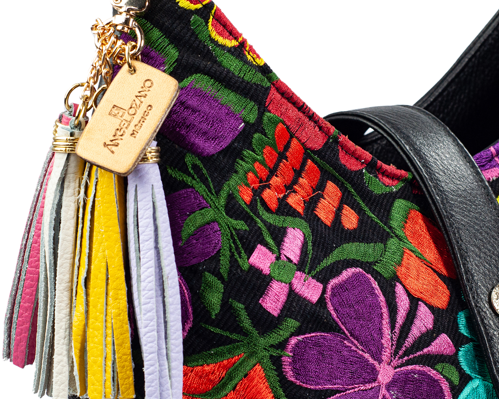Foto 6 pulgar | Bolso Hobo A Ángelozano De Piel Vacuna Con Telar Flores, Color Negro, Modelo Magali