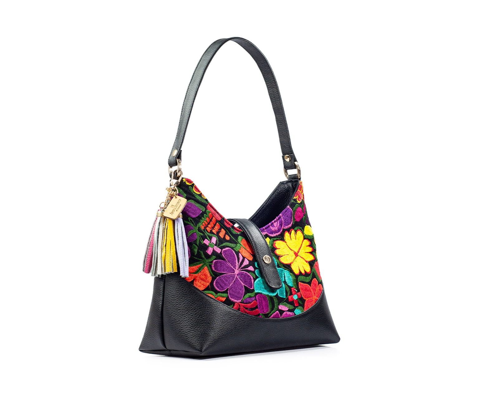 Foto 7 pulgar | Bolso Hobo A Ángelozano De Piel Vacuna Con Telar Flores, Color Negro, Modelo Magali