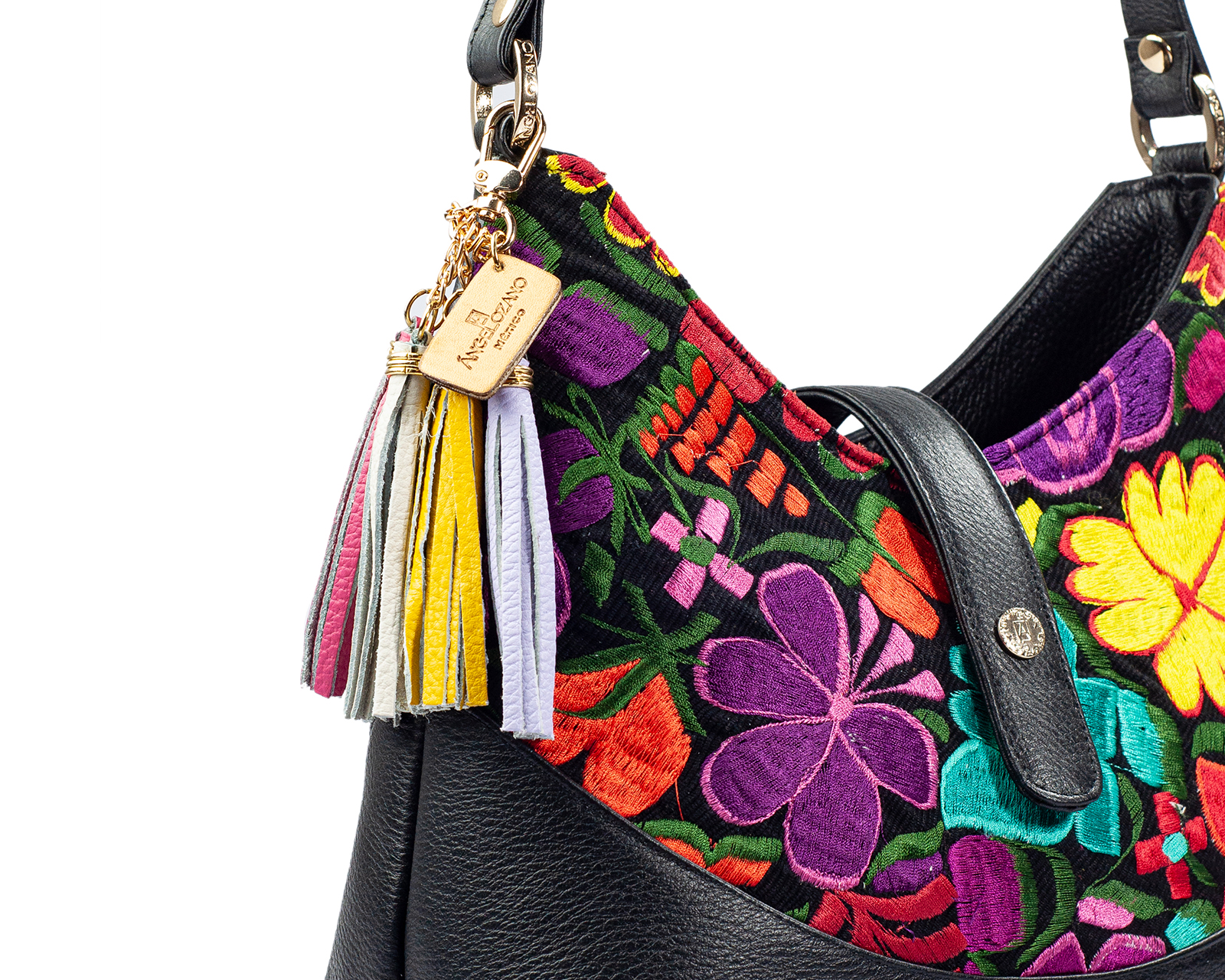 Foto 8 pulgar | Bolso Hobo A Ángelozano De Piel Vacuna Con Telar Flores, Color Negro, Modelo Magali