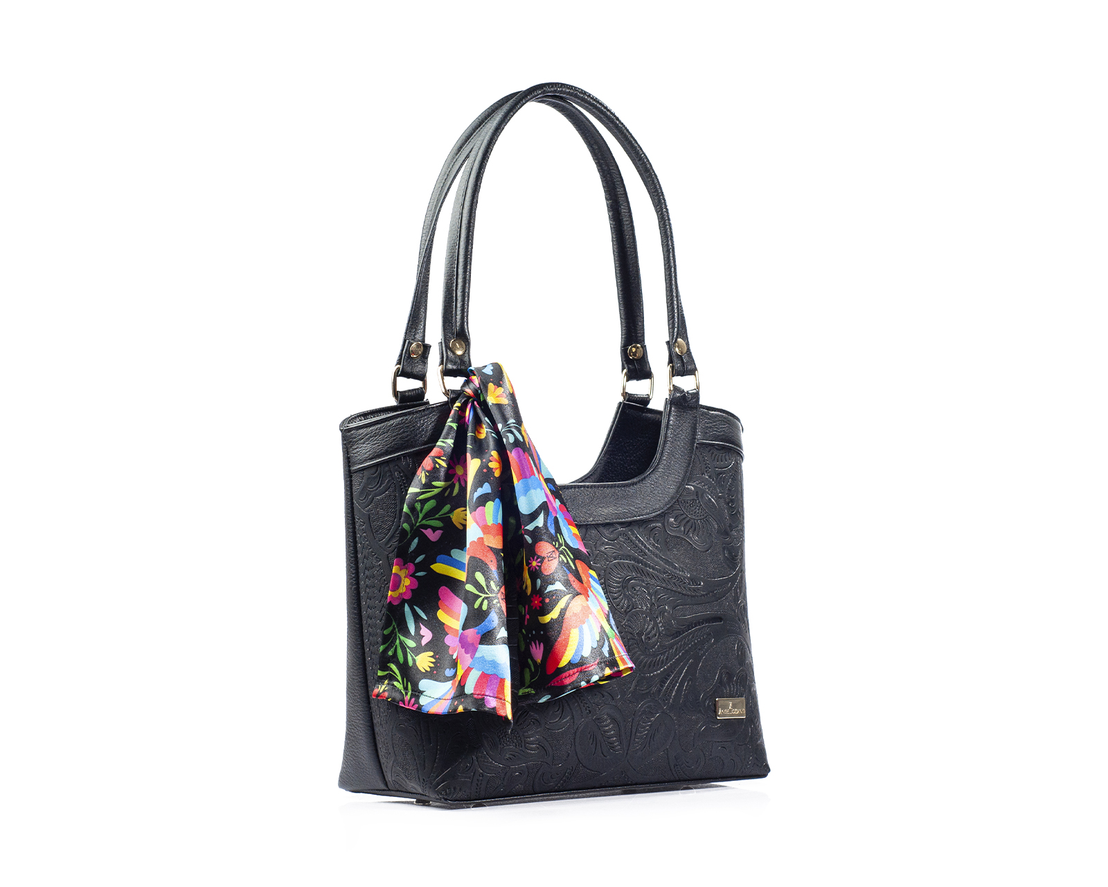 Foto 8 pulgar | Bolso Tote A Ángelozano De Piel Vacuna Con Grabado Tipo Cincelado Y Mascada, Color Negro, Modelo Graciela