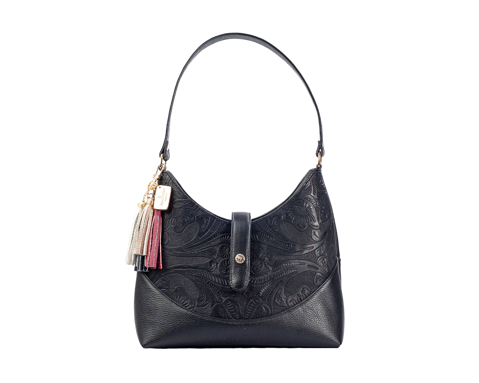 Foto 2 pulgar | Bolso Hobo A Ángelozano De Piel Vacuna Con Grabado Tipo Cincelado, Color Negro, Modelo Magali